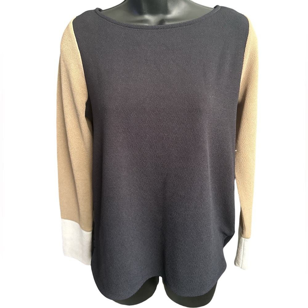 ANN TAYLOR Two-Tone Long Sleeve Pullover - Navy Blue with Tan and Cream Sleeves